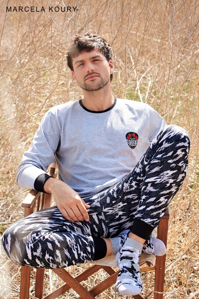  INV. PIJAMA CONJUNTO MANGA LARGA DE ALGODON COMBINADO CON PANTALON ESTAMPADO "RIDER"