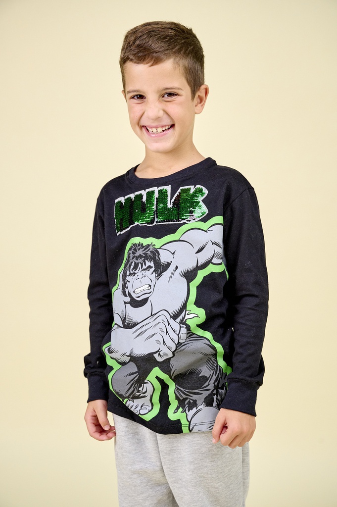 LIQUIDACION ! - INV. REMERA DE JERSEY ML ESTAMPADA &quot;AVENGERS&quot; CON PUÑOS Y LETEJUELAS REVERSIBLES