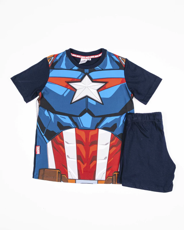 VER. PIJAMA DISFRAZ MANGA CORTA SUBLIMADO "CAPITAN AMERICA" Y SHORT LISO