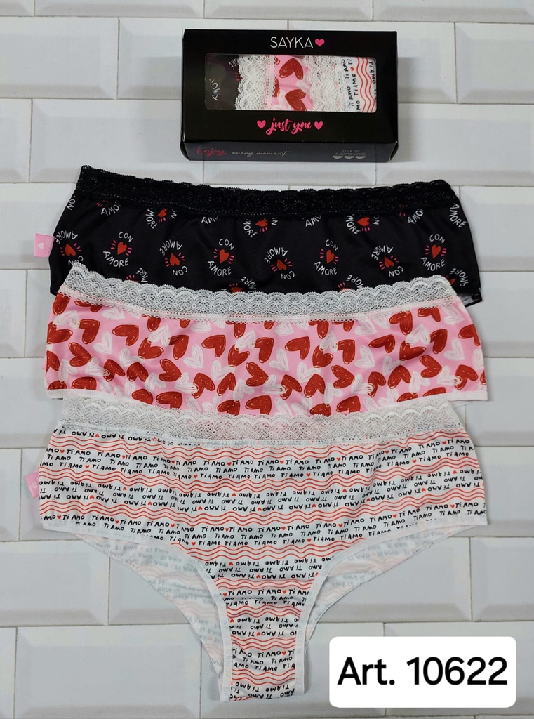 PACK X3 CULOTTE CLASICO MICROFIBRA ESTAMPADA CON PUNTILLA