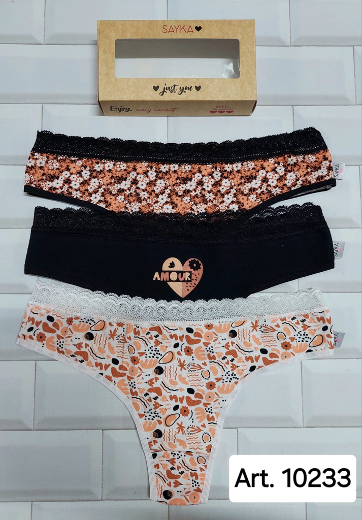 PACK X3 CULOTELESS DE ALGODÓN Y LYCRA ESTAMPADA CON PUNTILLA