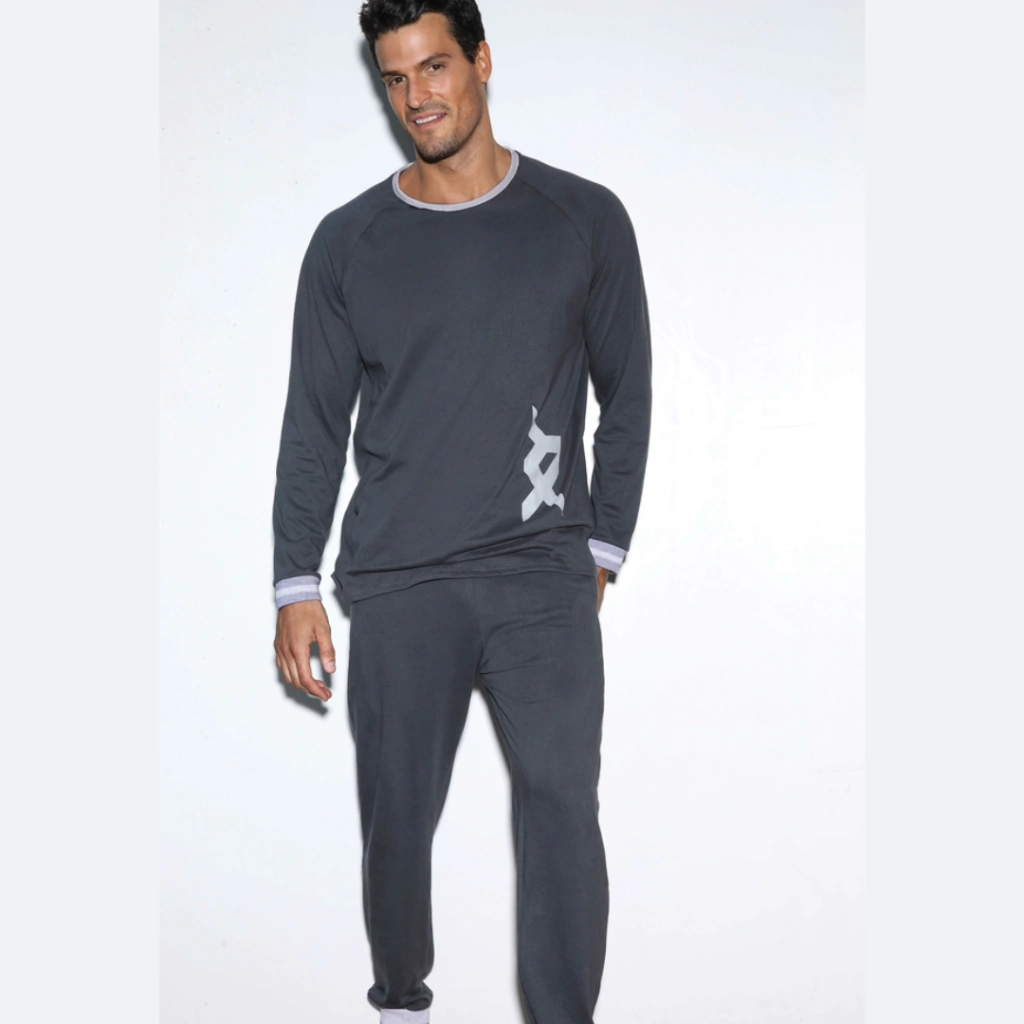 INV. PIJAMA DE HOMBRE MANGAS LARGAS DE ALGODÓN LISO CON TIRAS TEJIDAS