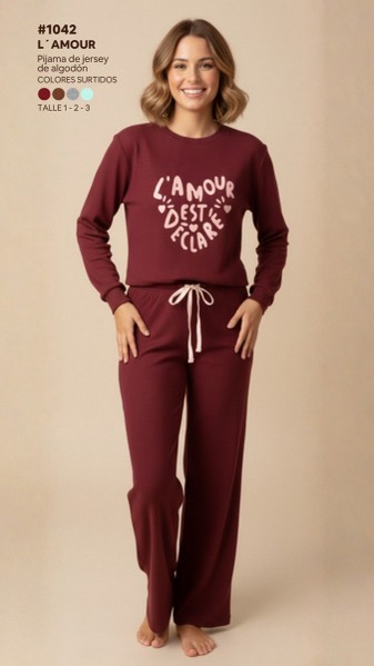 DESCUENTO 10% LIQUIDACION DE TEMPORADA! INV. PIJAMA MANGA LARGA DE DAMA LISO CON ESTAMPA LOCALIZADA DE ALGODÓN