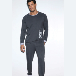 [XY8070] DESCUENTO 10% LIQUIDACION DE TEMPORADA! INV. PIJAMA DE HOMBRE MANGA LARGA DE ALGODÓN LISO CON TIRAS TEJIDAS